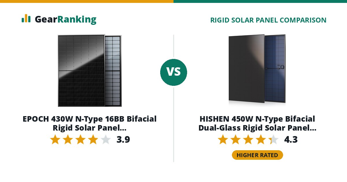 EPOCH 430W N-Type 16BB Bifacial Rigid Solar Panel (Epoch-400SPP-1-N) vs HISHEN 450W N-Type Bifacial Dual-Glass Rigid Solar Panel (HS-SP-450W-N-1, UL 61730)